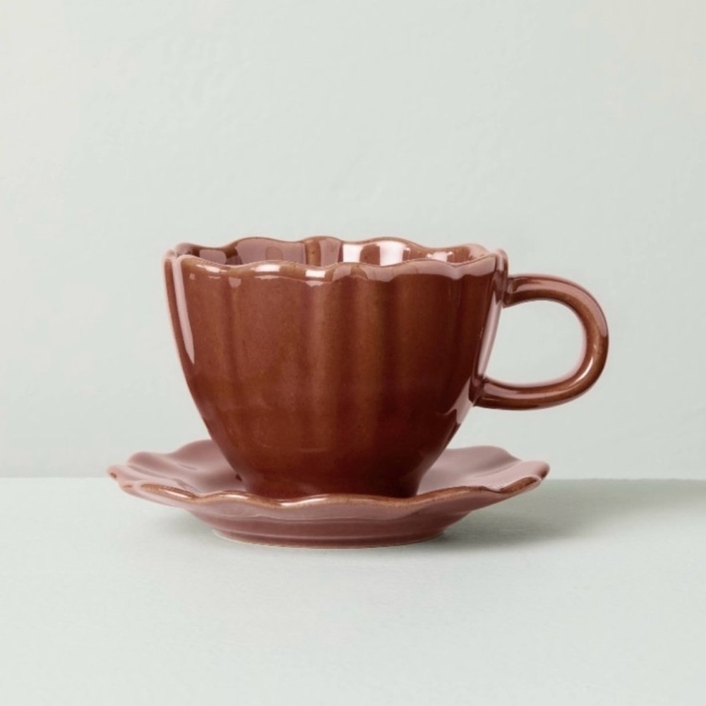 5oz Scalloped Stoneware Espresso Cup &Saucer Set Burgundy Hearth & Hand Magnolia
